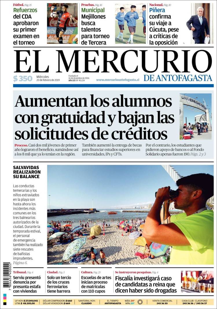 Portada de El Mercurio de Antofagasta (Chile)