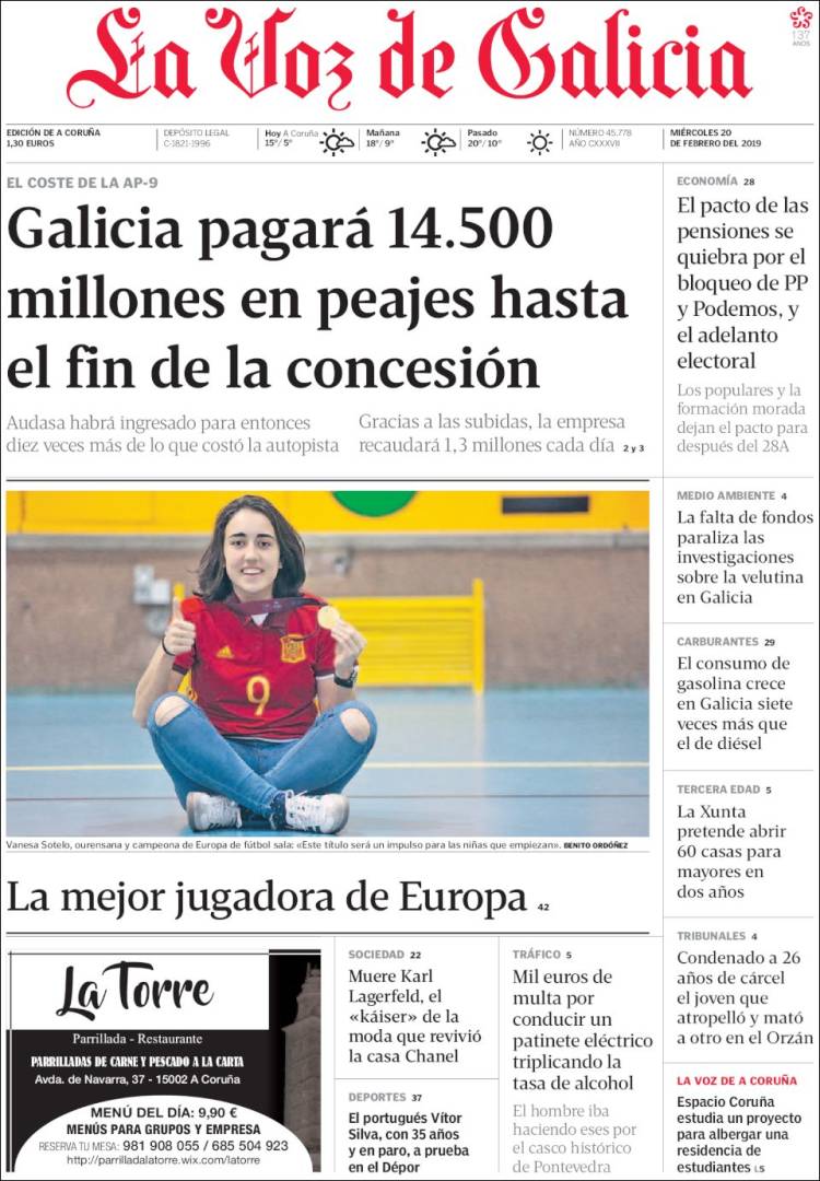 Portada de La Voz de Galicia (España)