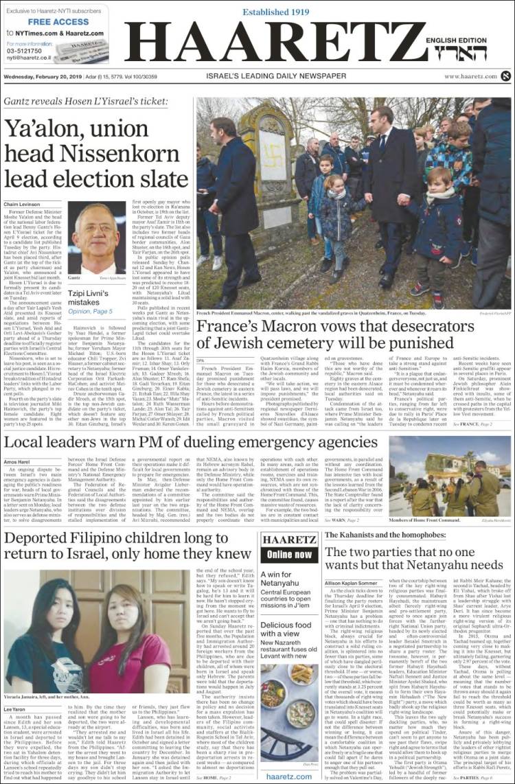 Portada de Haaretz (Israel)