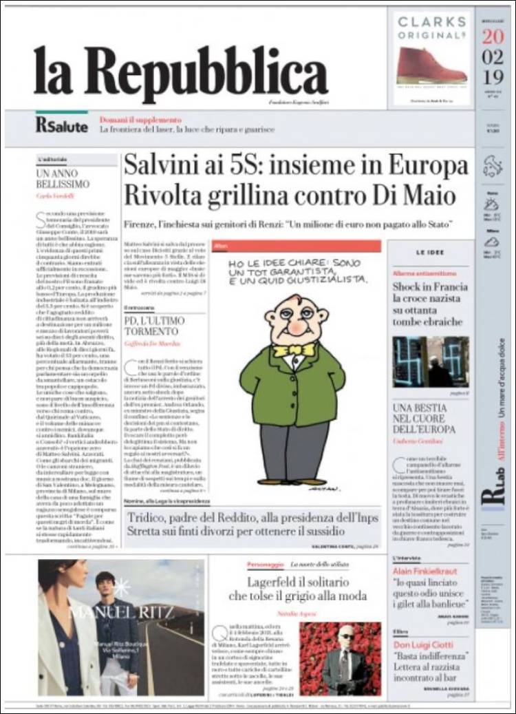 Portada de La Repubblica (Italia)