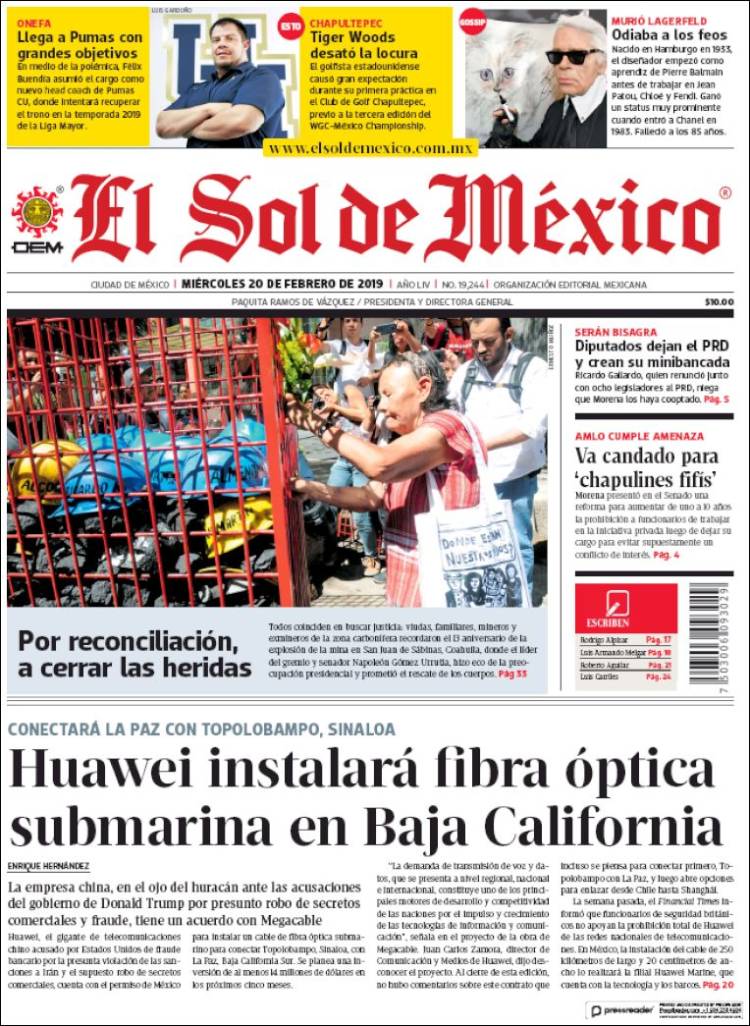 Periódico El Sol de México (México). Periódicos de México. Edición de  miércoles, 20 de febrero de 2019. 