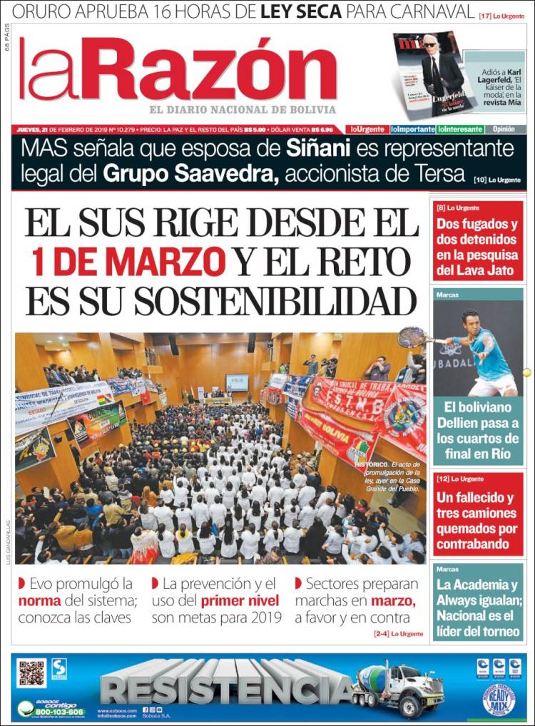 Portada de La Razón (Bolivia)