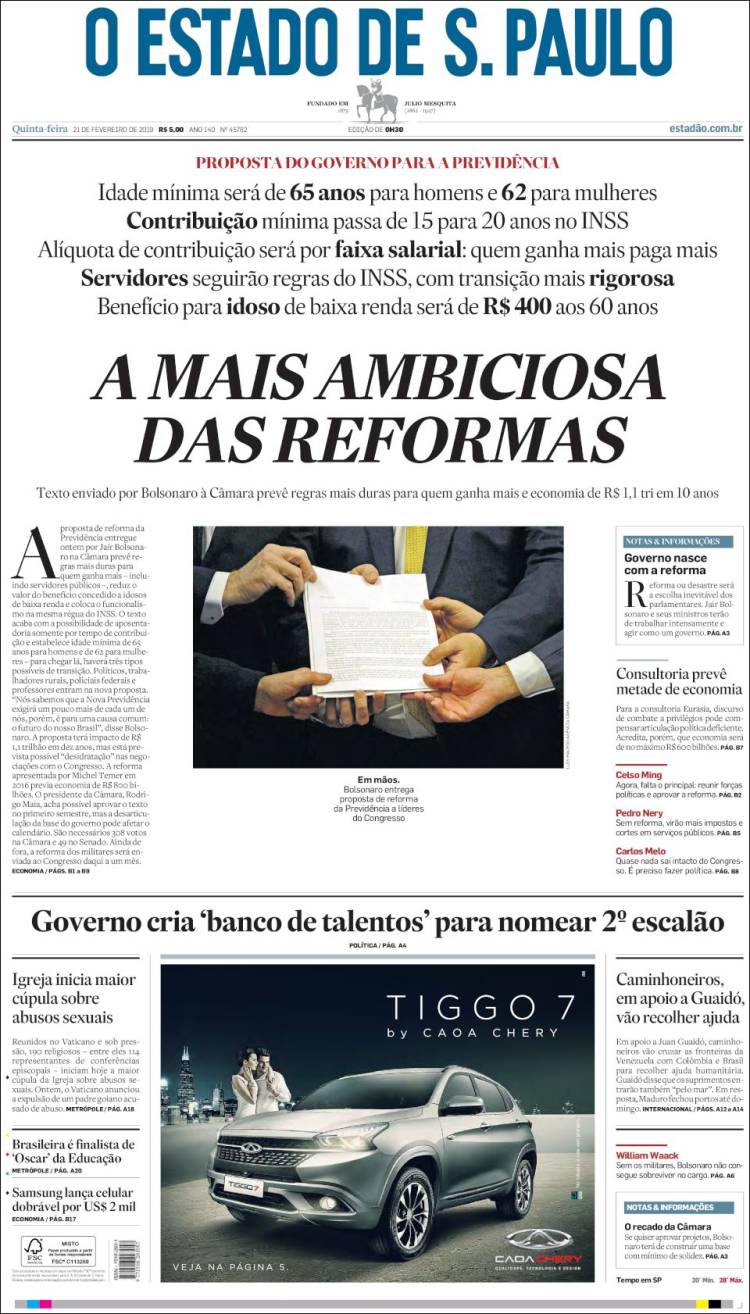 Portada de O Estado de São Paulo (Brasil)