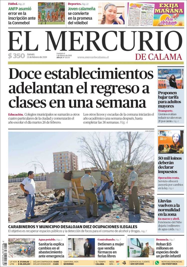 Portada de El Mercurio - Calama (Chile)