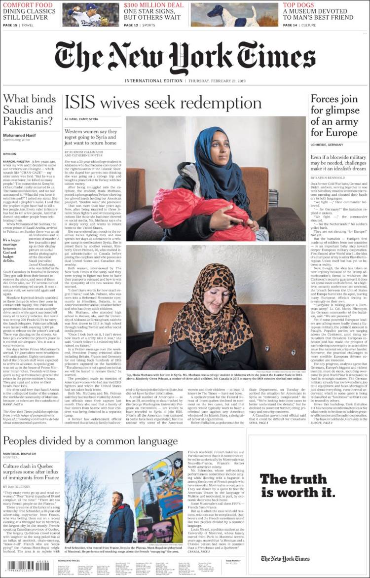 Portada de International New York Times (Europa)