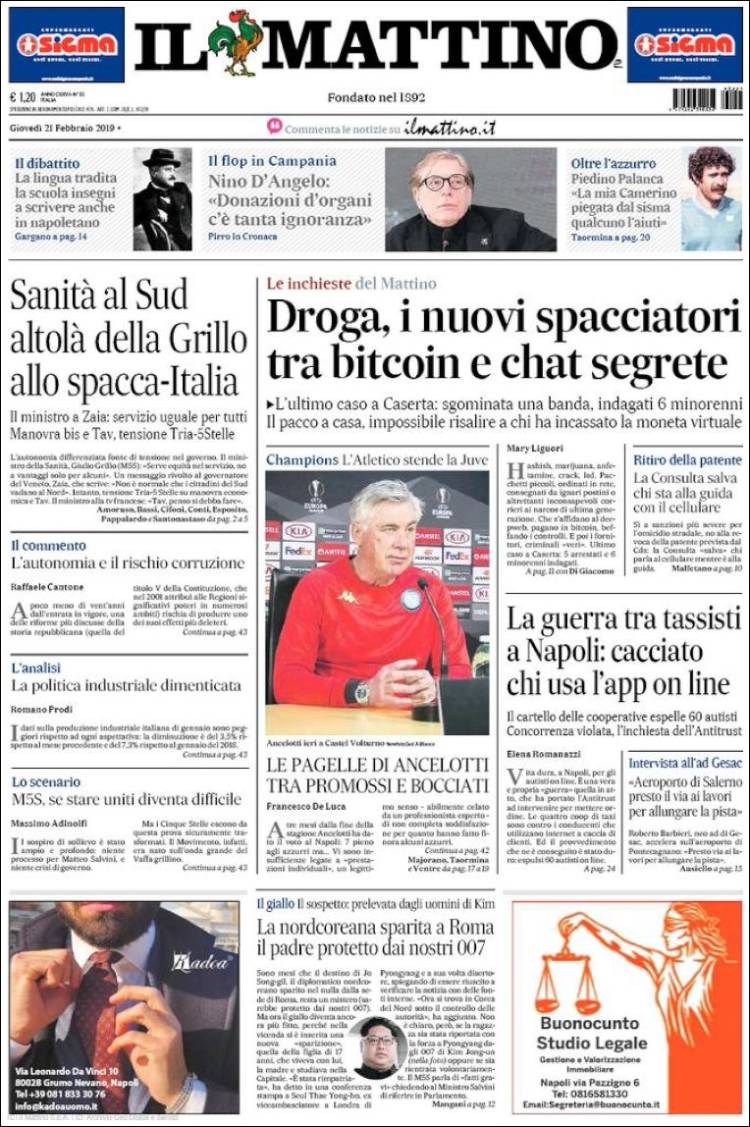 Portada de Il Mattino (Italia)