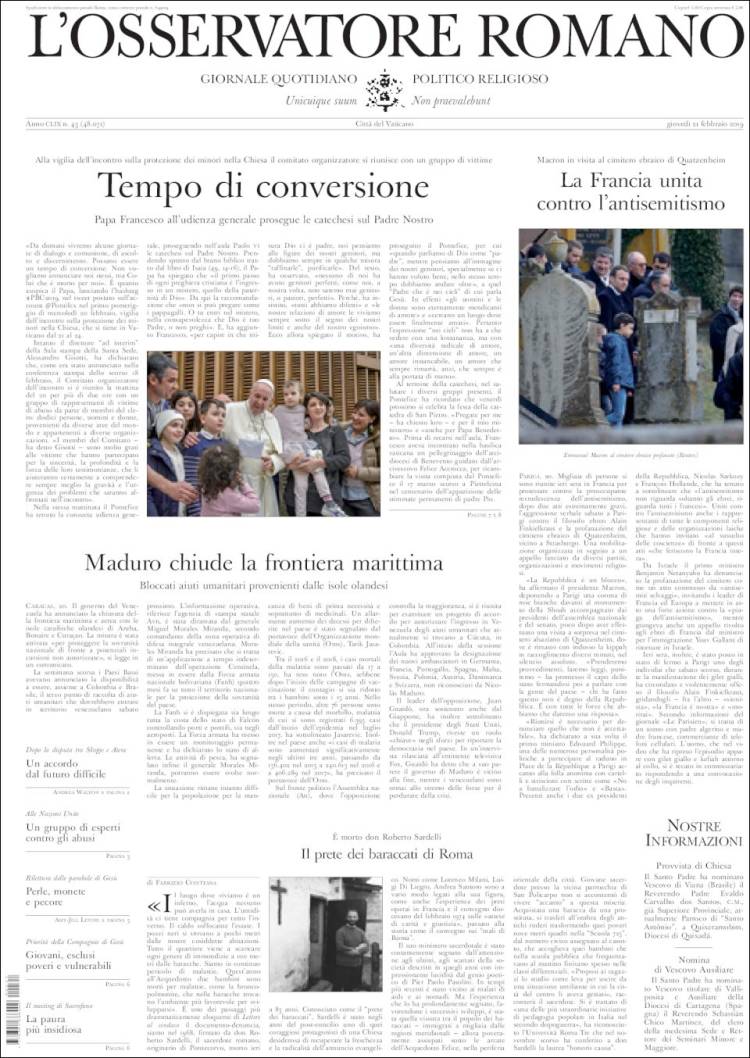 Portada de L'Osservatore Romano (Italia)
