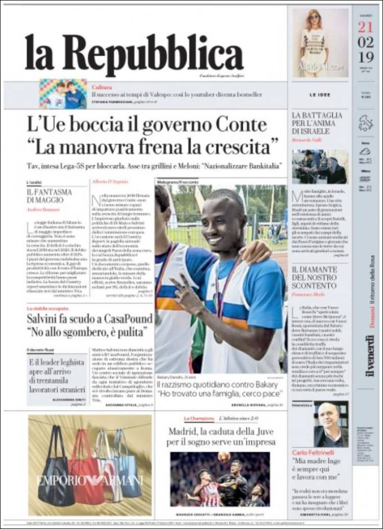 Portada de La Repubblica (Italia)