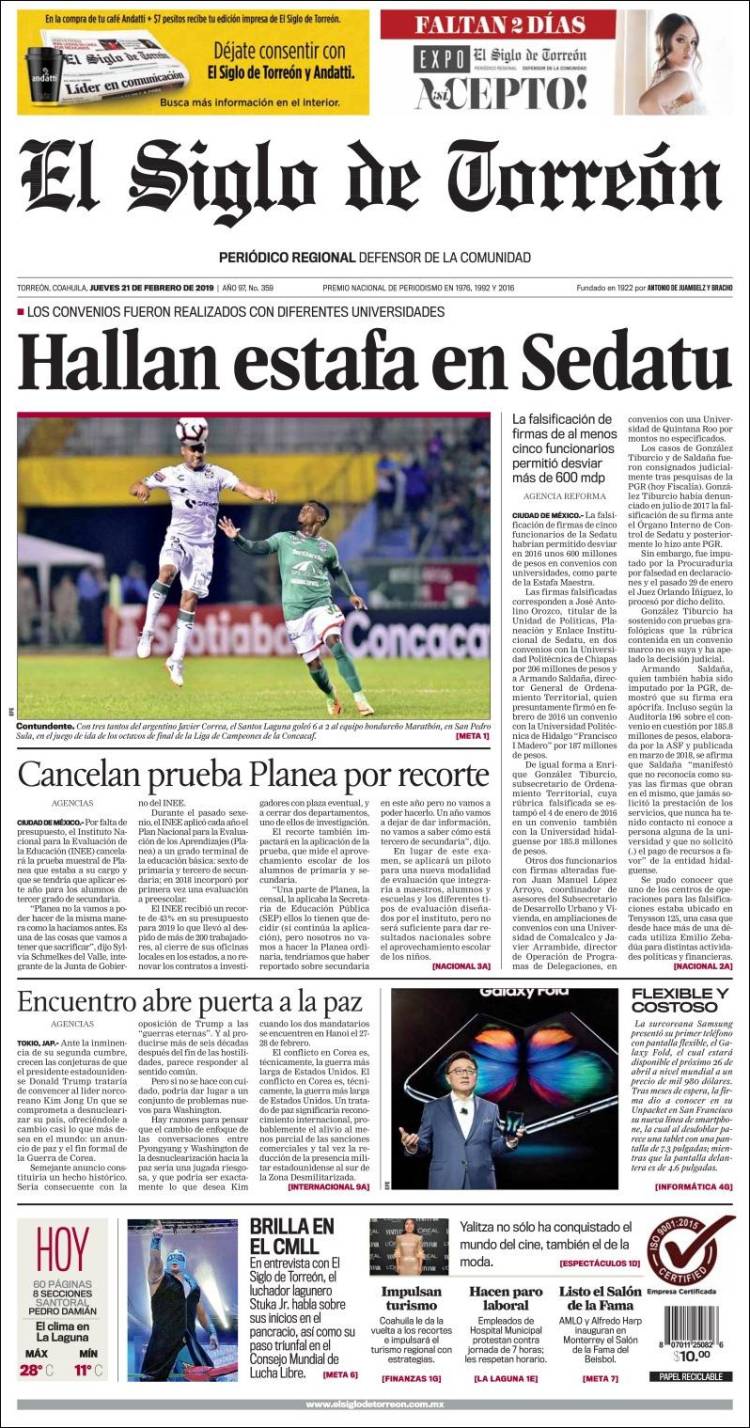 Portada de El Siglo de Torreon (M&eacute;xico)