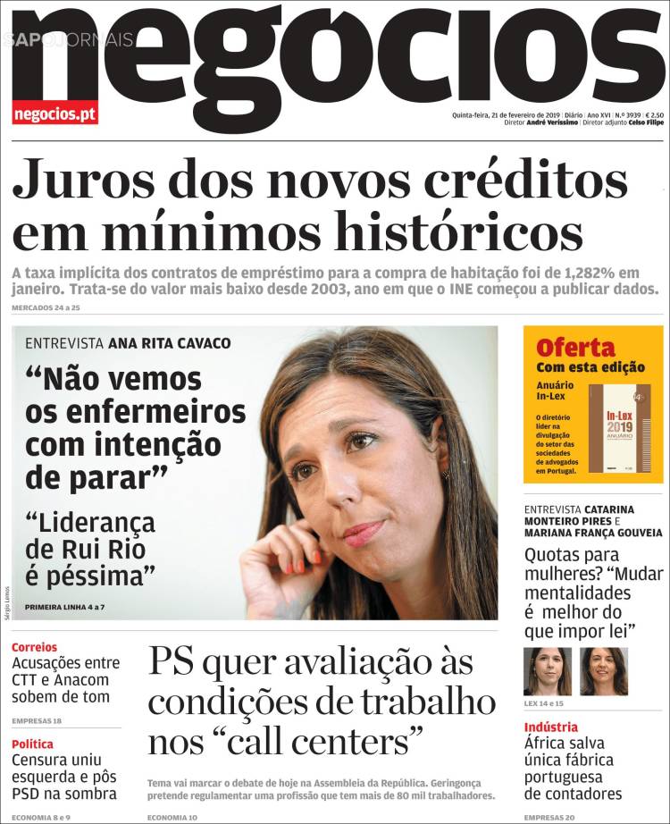 Portada de Jornal de Negócios (Portugal)