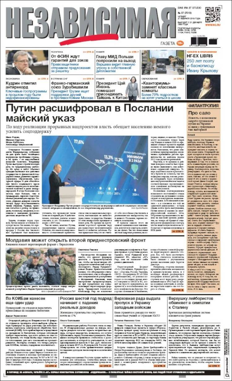 Portada de Независимая газета (Rusia)
