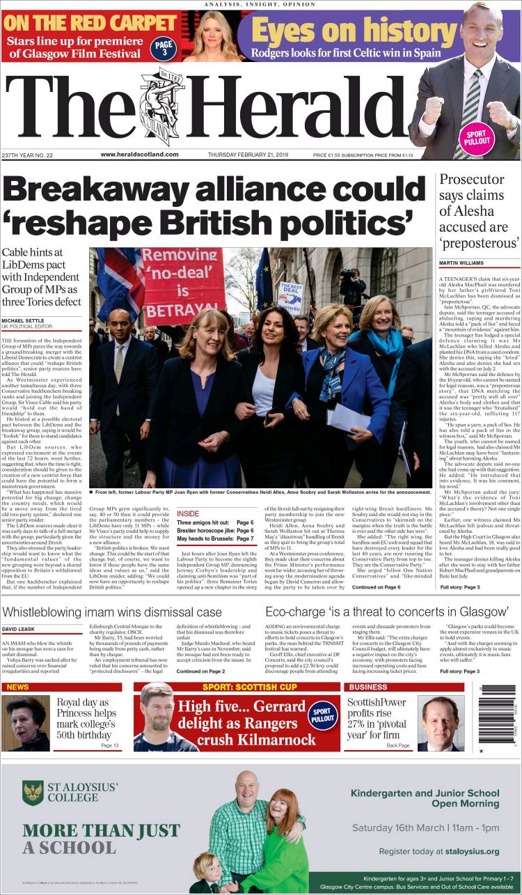 Portada de The Herald (Reino Unido)