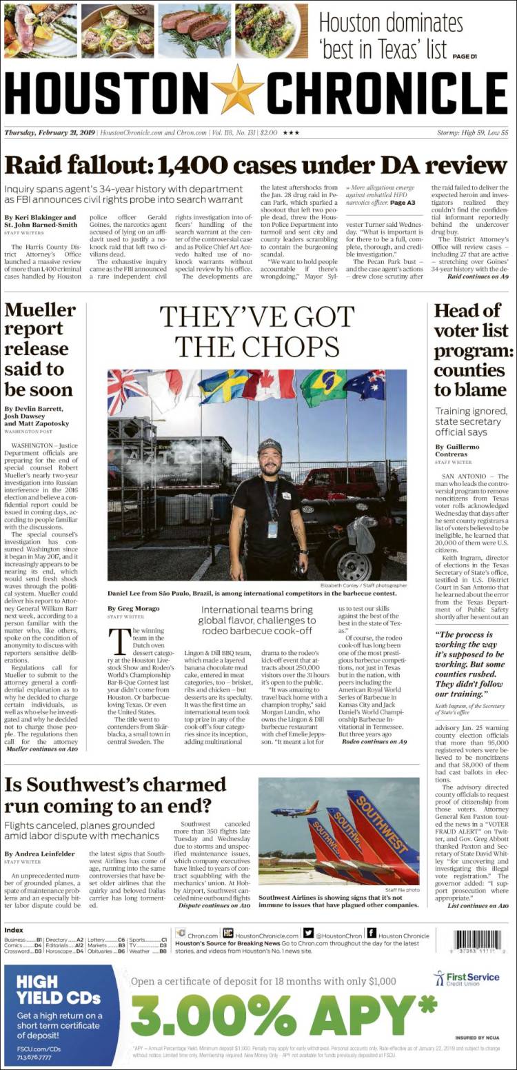 Portada de Houston Chronicle (USA)