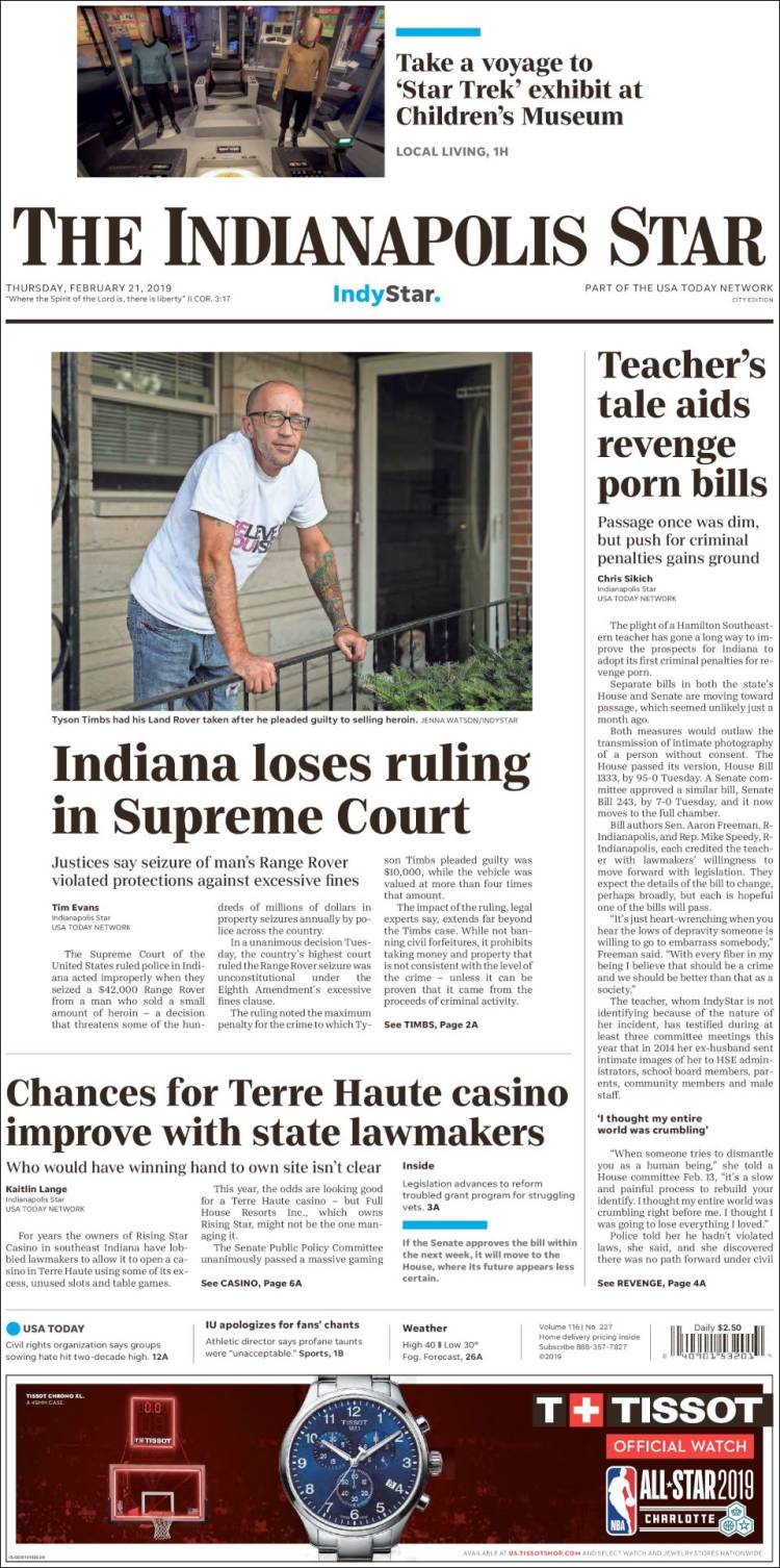 Portada de The Indianapolis Star (USA)