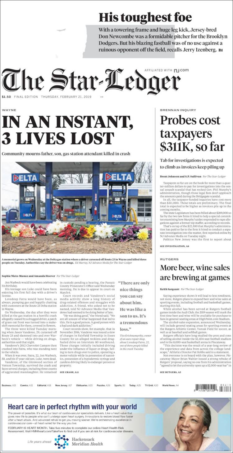 Portada de Star-Ledger (USA)