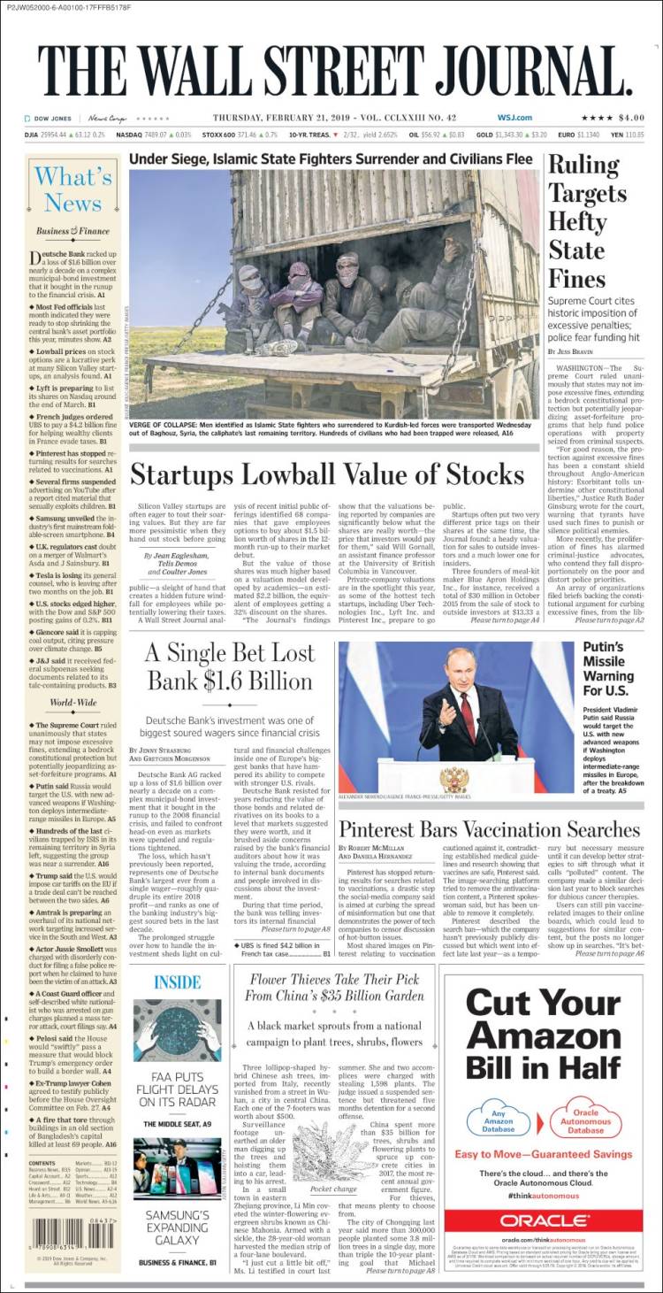 Portada de Wall Street Journal (USA)