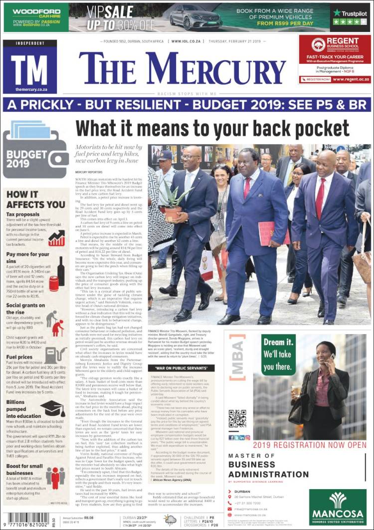 Portada de The Mercury (Sud&aacute;frica)