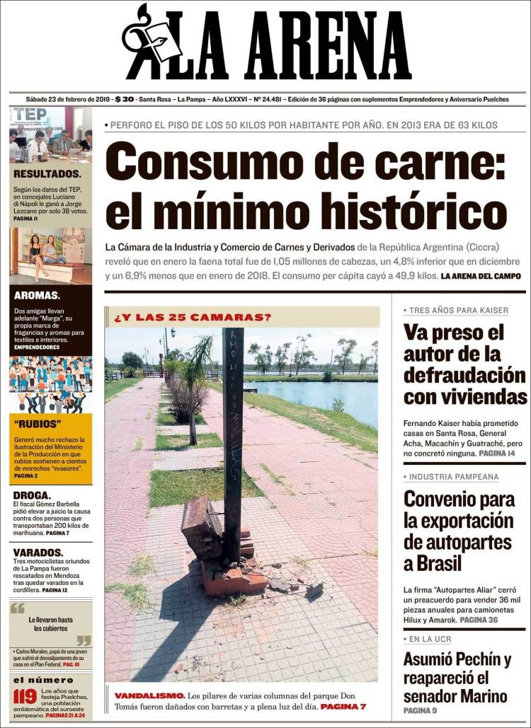 Portada de Diario La Arena (Argentina)