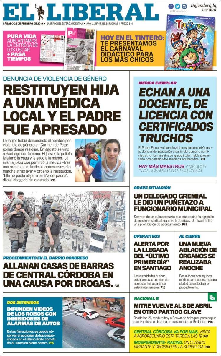 Portada de Diario El Liberal (Argentina)