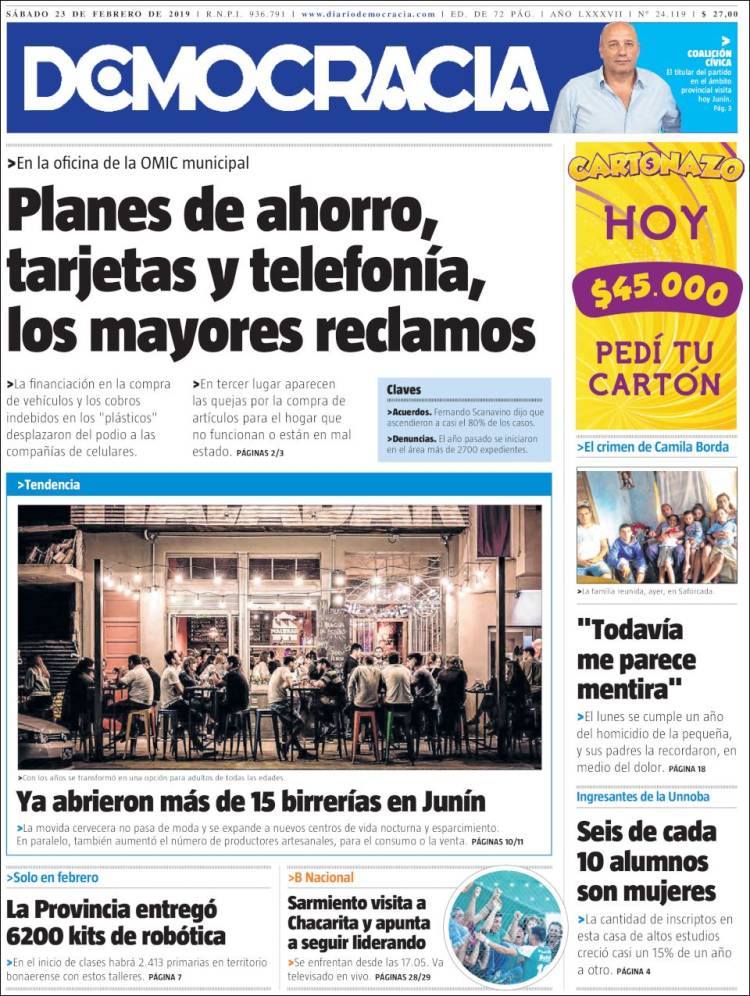 Portada de Diario Democracia (Argentina)