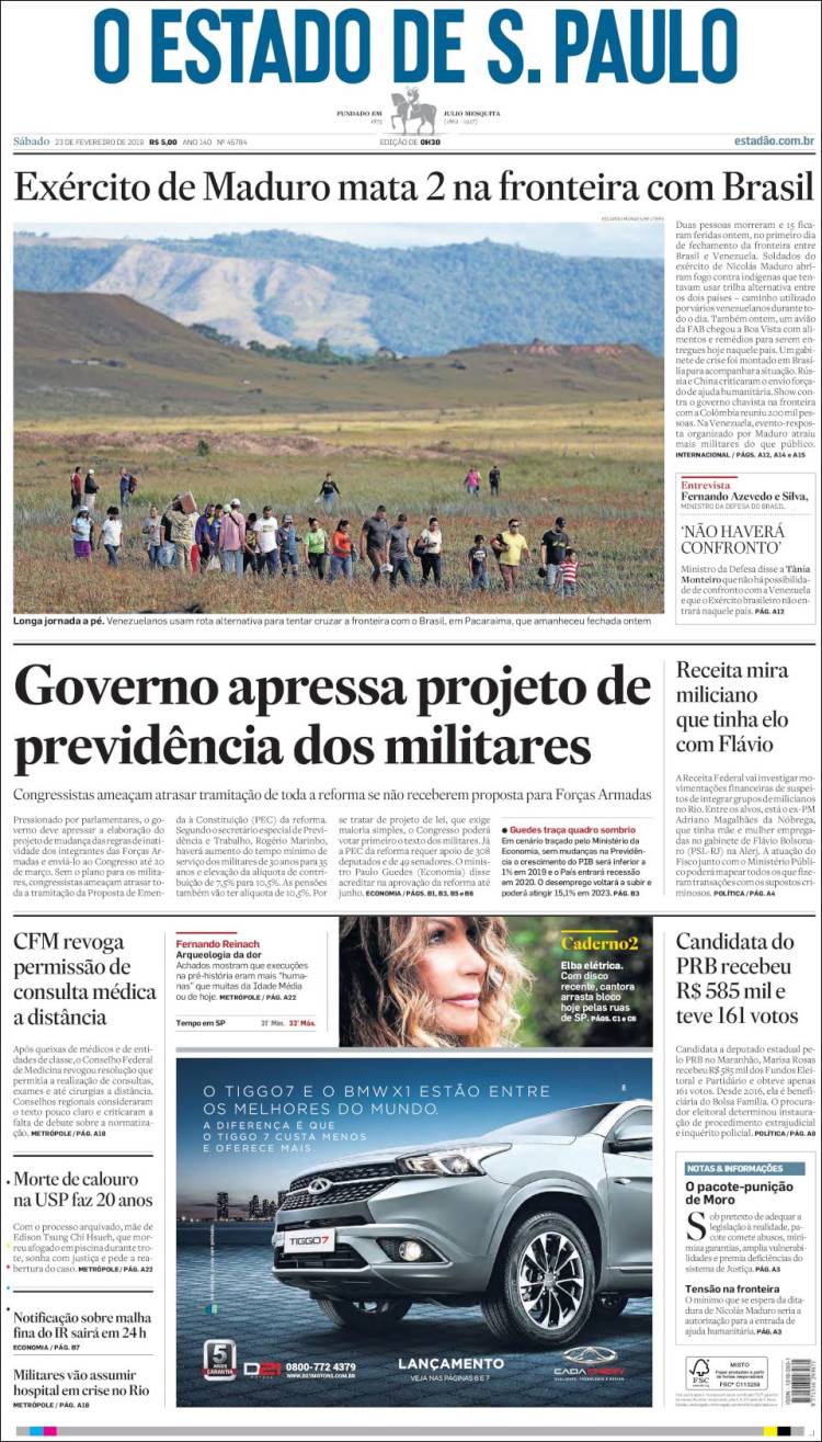 Portada de O Estado de São Paulo (Brasil)
