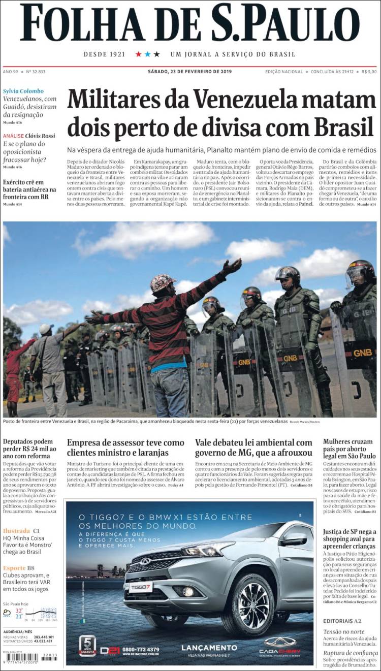 Portada de Folha de São Paulo (Brasil)