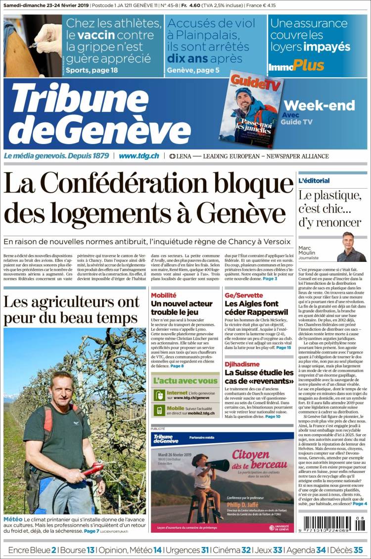 Portada de La Tribune de Genève (Suiza)