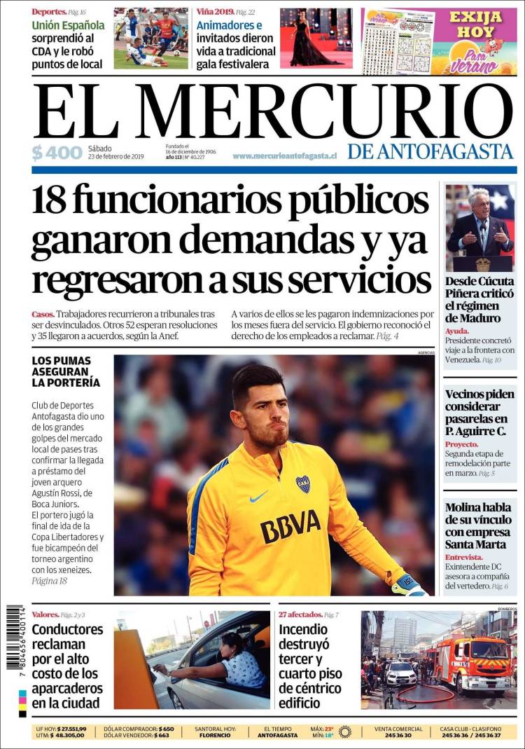Portada de El Mercurio de Antofagasta (Chile)