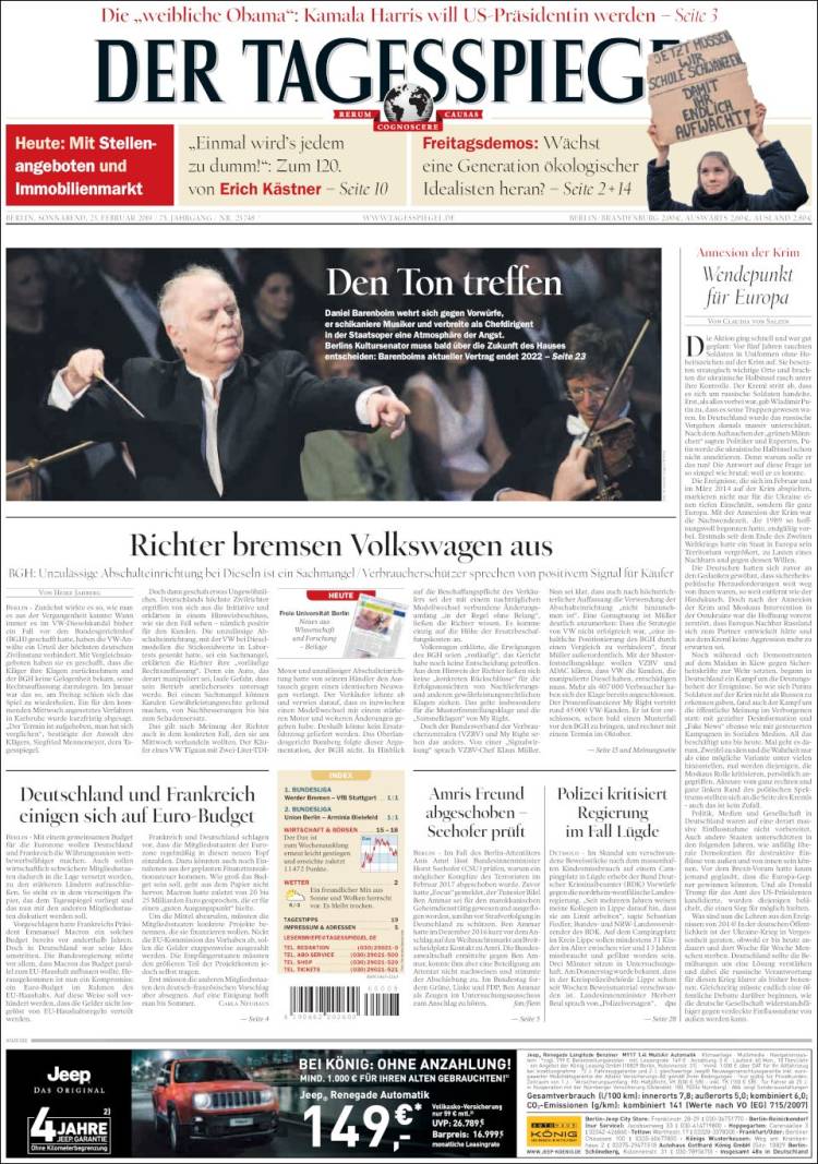 Portada de Der Tagesspiegel (Alemania)