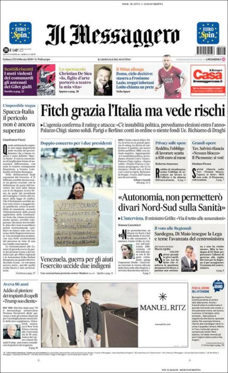 Portada de Il Messaggero (Italia)