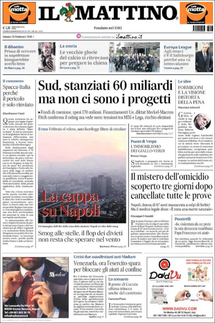 Portada de Il Mattino (Italia)