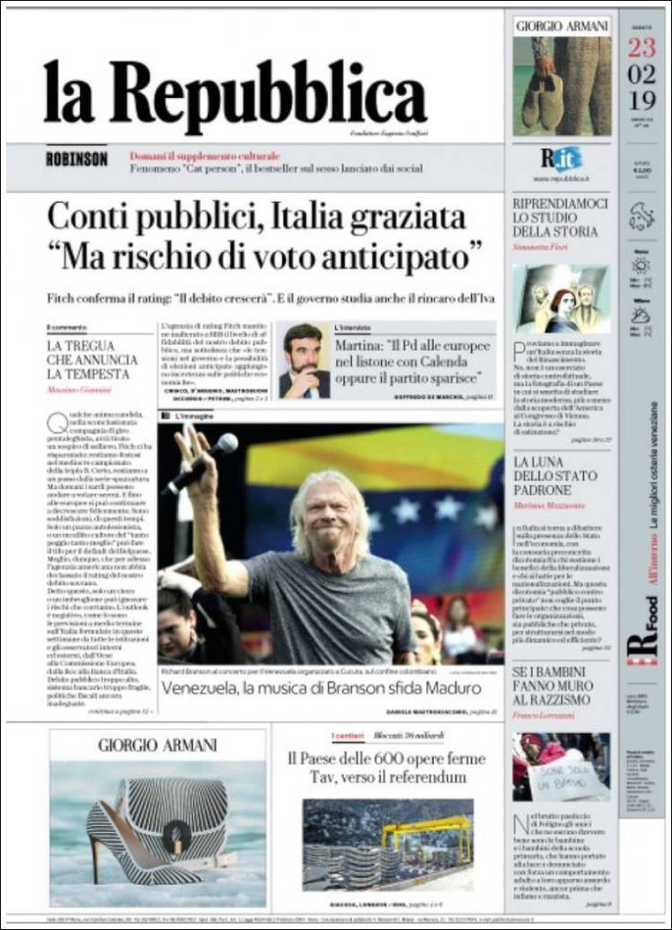 Portada de La Repubblica (Italia)