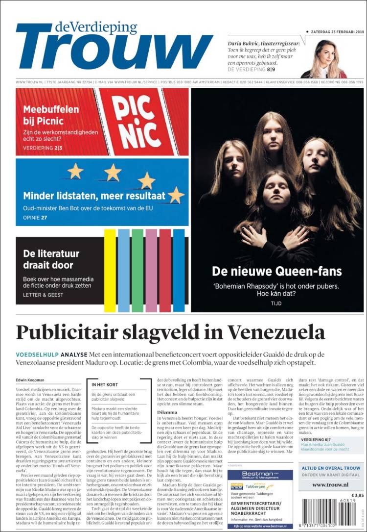 Portada de Trouw (Pa&iacute;ses Bajos)
