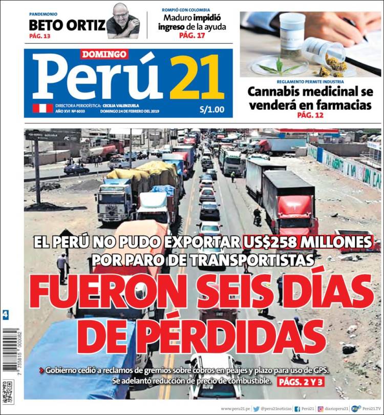 Portada de Perú 21 (Perú)