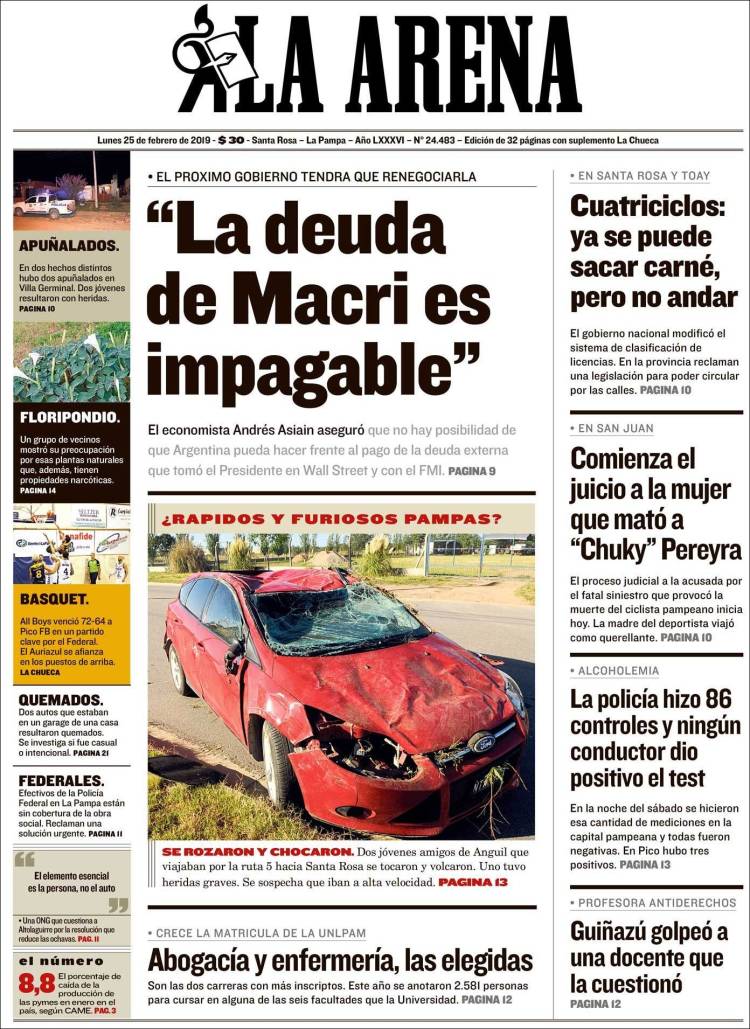 Portada de Diario La Arena (Argentina)