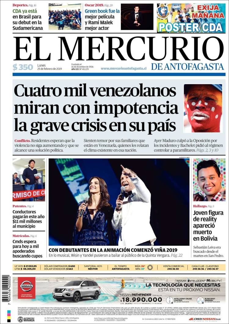 Portada de El Mercurio de Antofagasta (Chile)