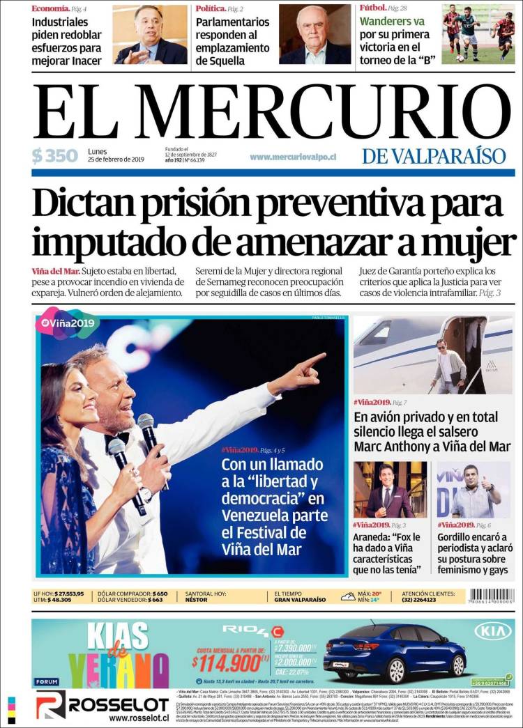 Portada de Mercurio de Valparaiso (Chile)