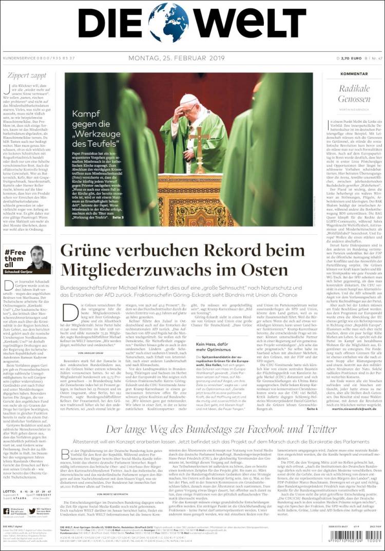 Portada de Die Welt (Alemania)