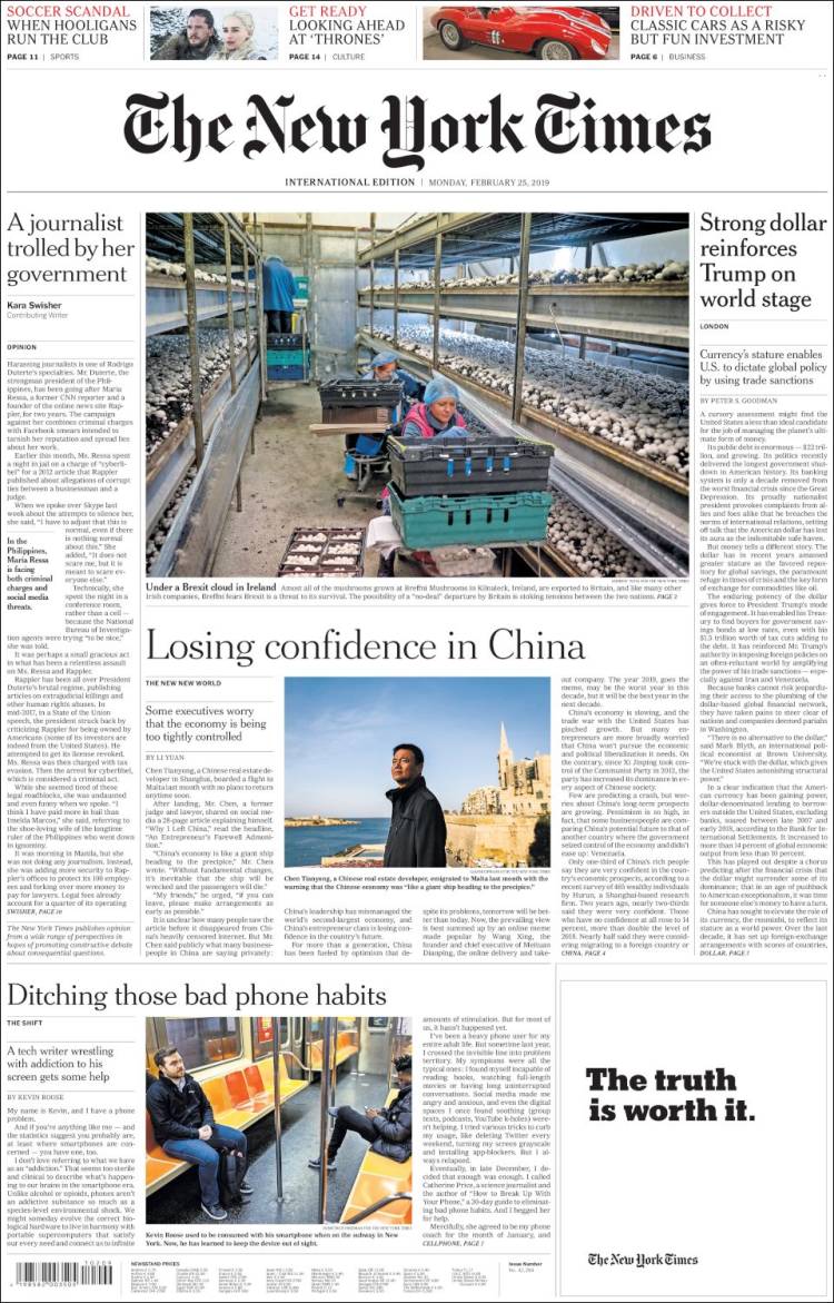 Portada de International New York Times (Europa)