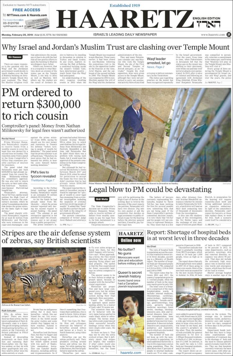 Portada de Haaretz (Israel)