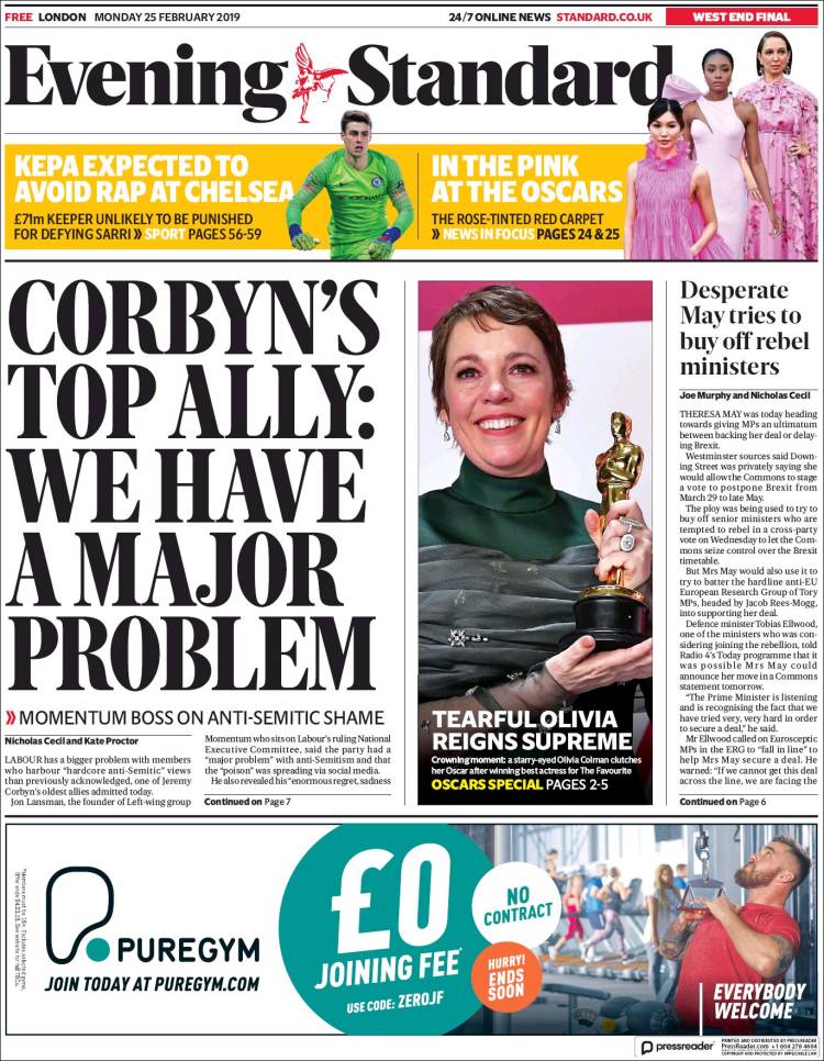 Portada de Evening Standard (Reino Unido)