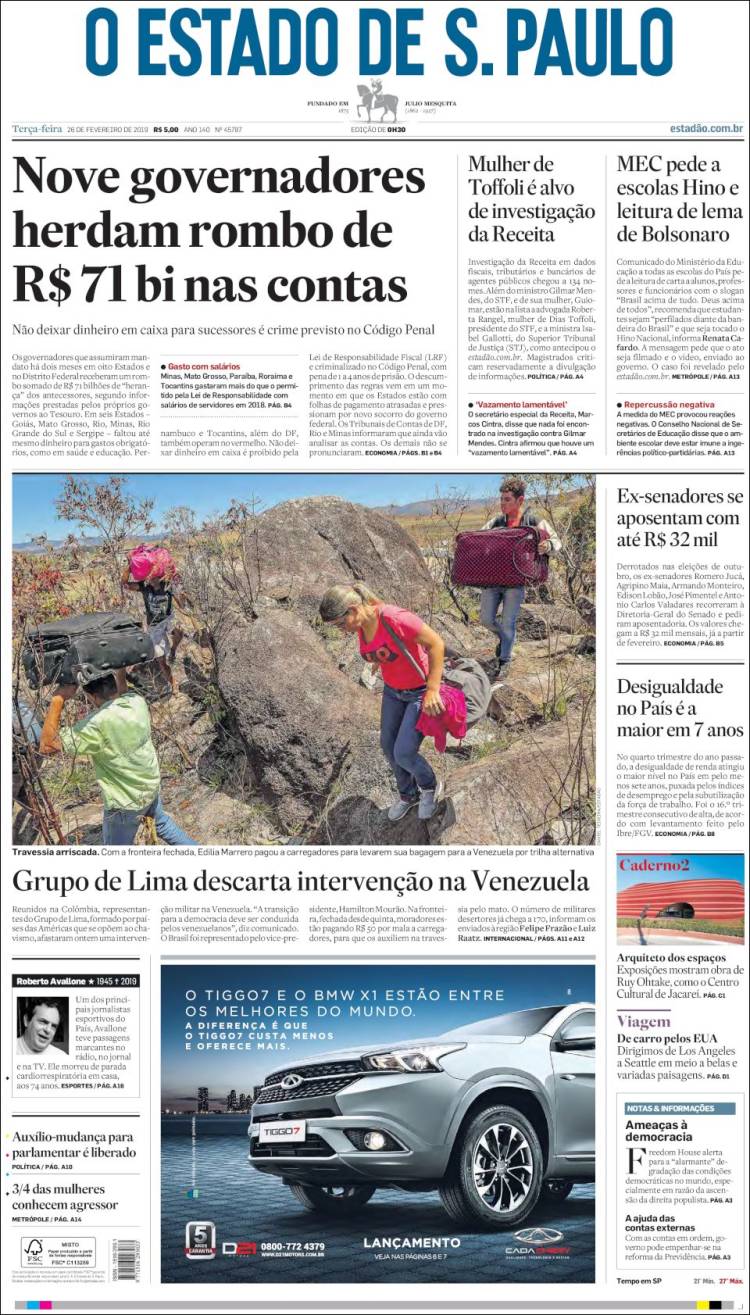 Portada de O Estado de São Paulo (Brasil)