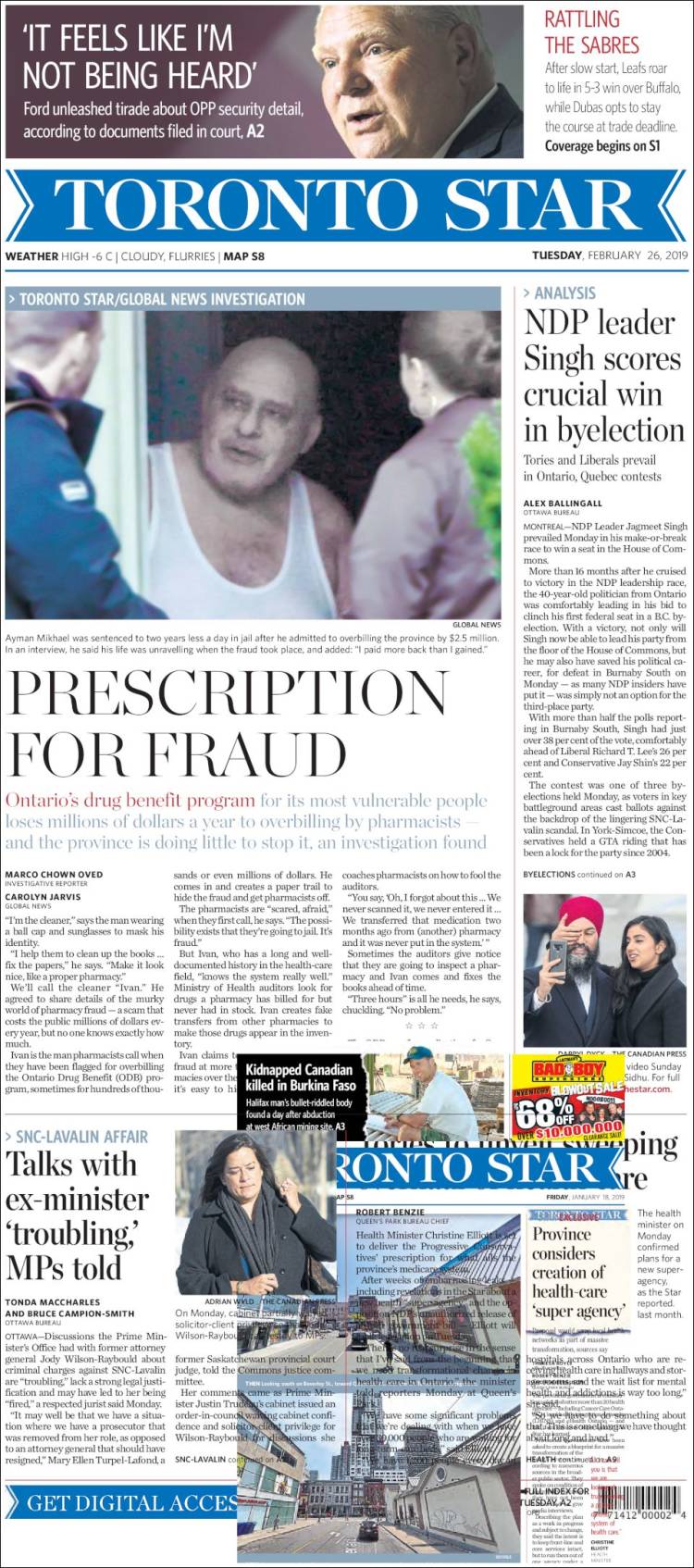 Portada de The Toronto Star (Canadá)