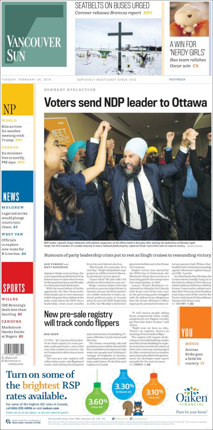 Portada de The Vancouver Sun (Canada)