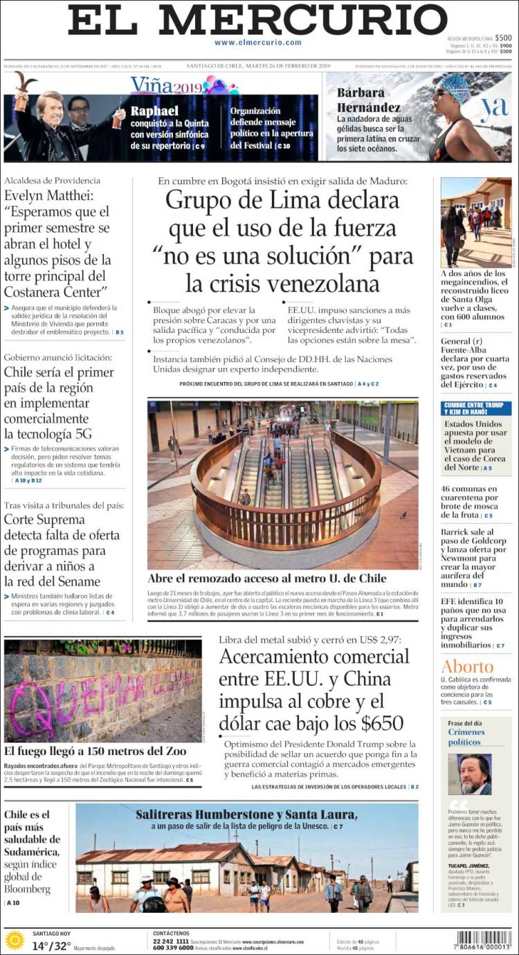 Portada de El Mercurio (Chile)