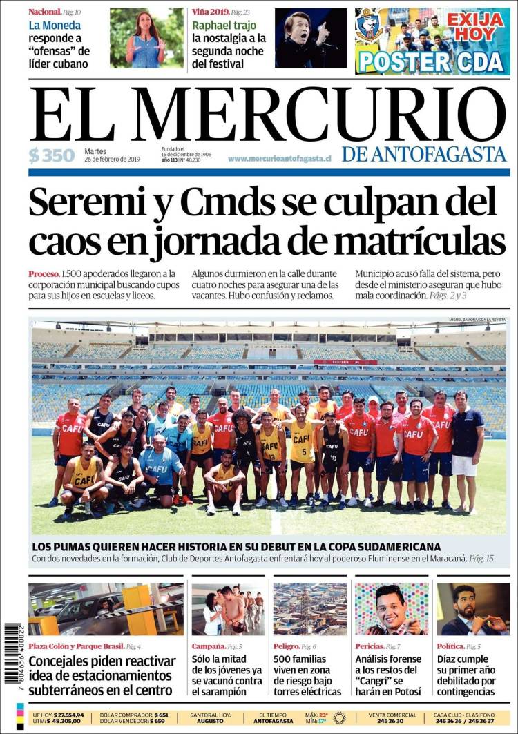 Portada de El Mercurio de Antofagasta (Chile)