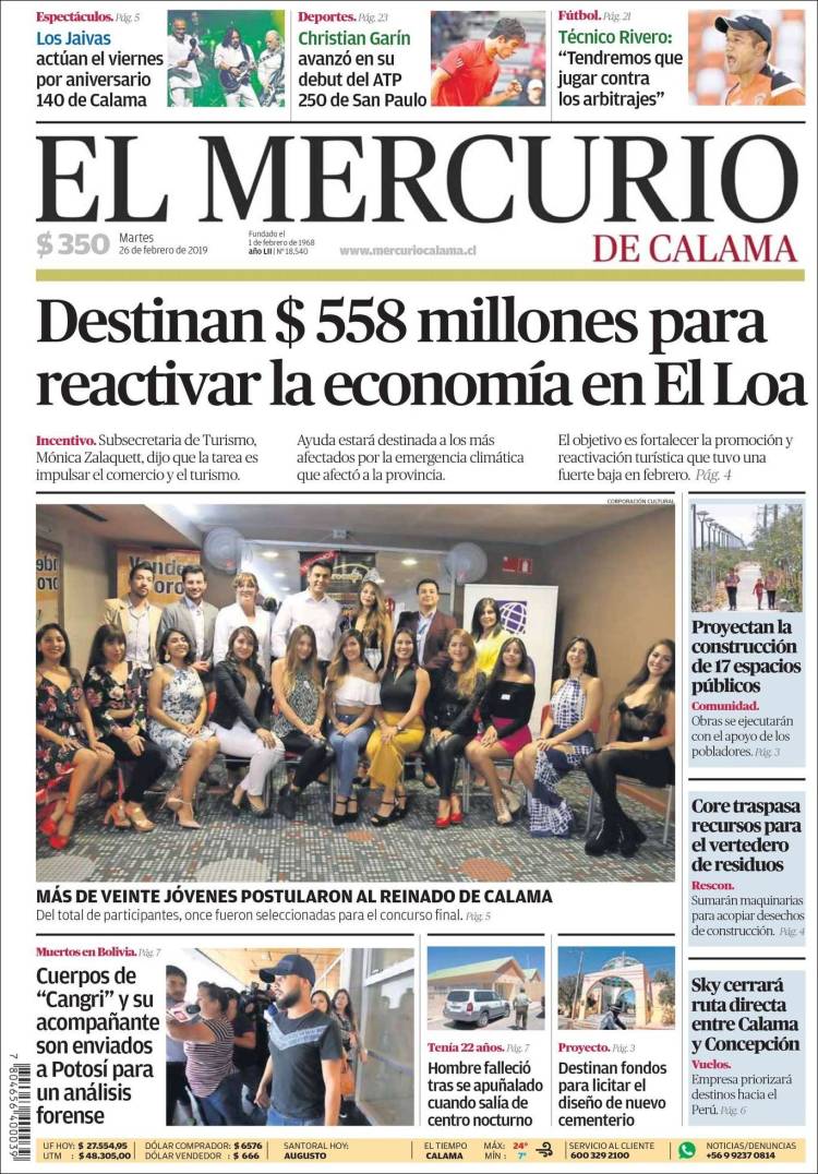 Portada de El Mercurio - Calama (Chile)