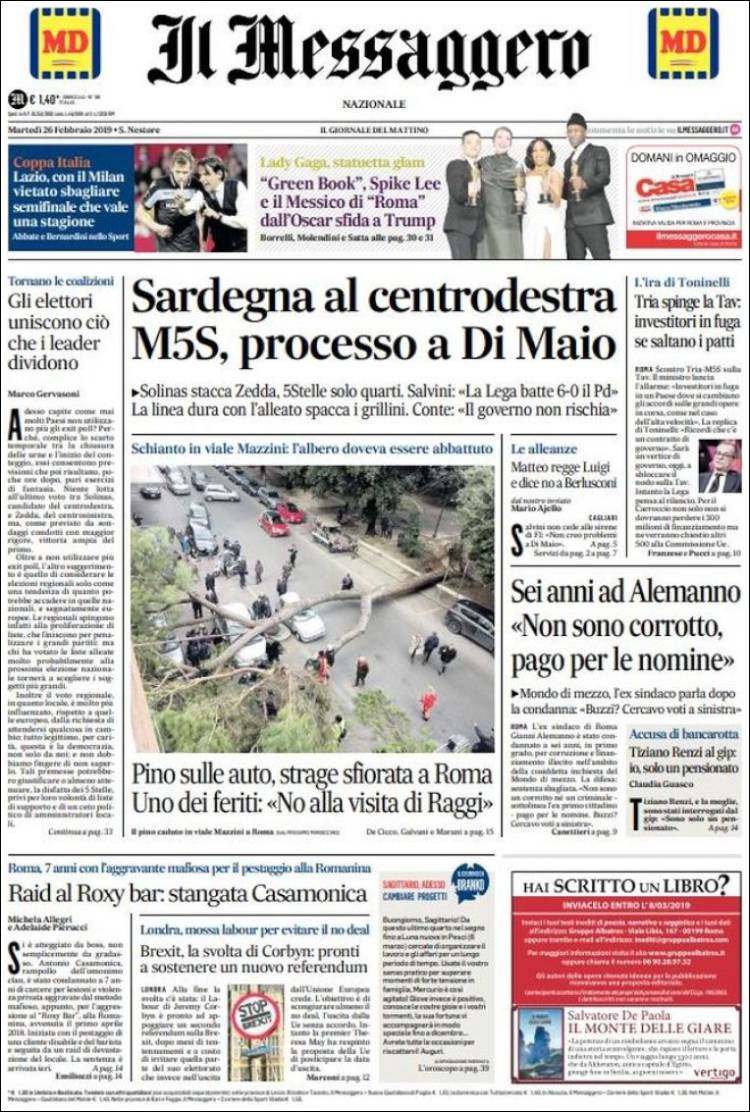 Portada de Il Messaggero (Italia)