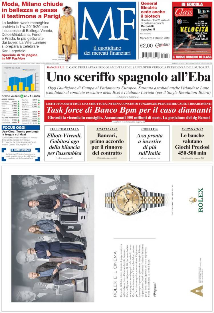 Portada de Milano Finanza (Italia)