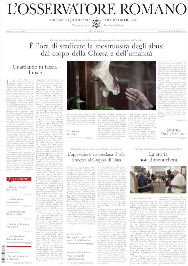 Portada de L'Osservatore Romano (Italia)